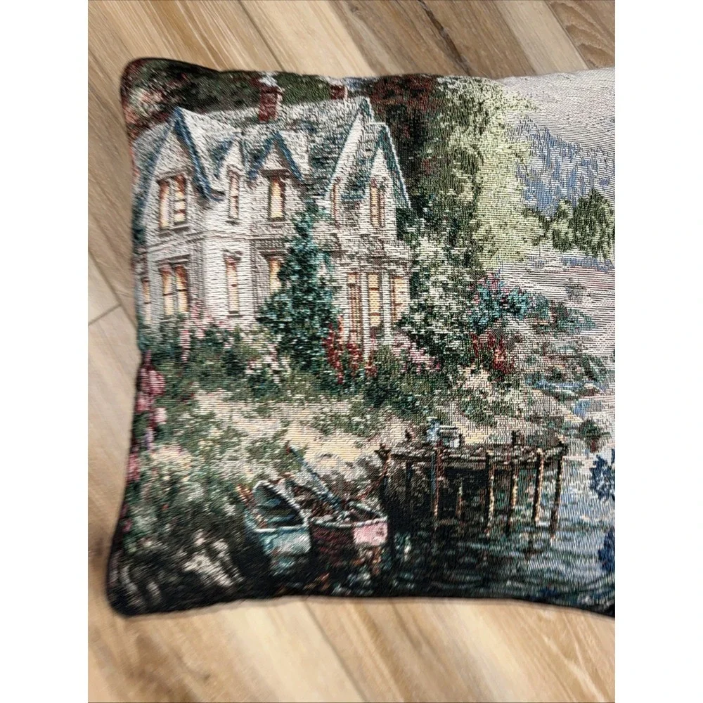 Vintage Embroidered Tapestry Pillow‎ Scenic Cottage Core
